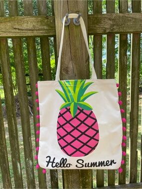 Canvas Tote Bag with Pink Pineapple and Pom-Pom Trim - Hello Summer